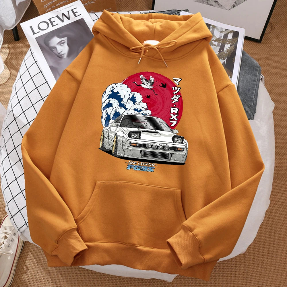 Khaki Color Japanese Wave Crane Hoodie With Red Sun Print