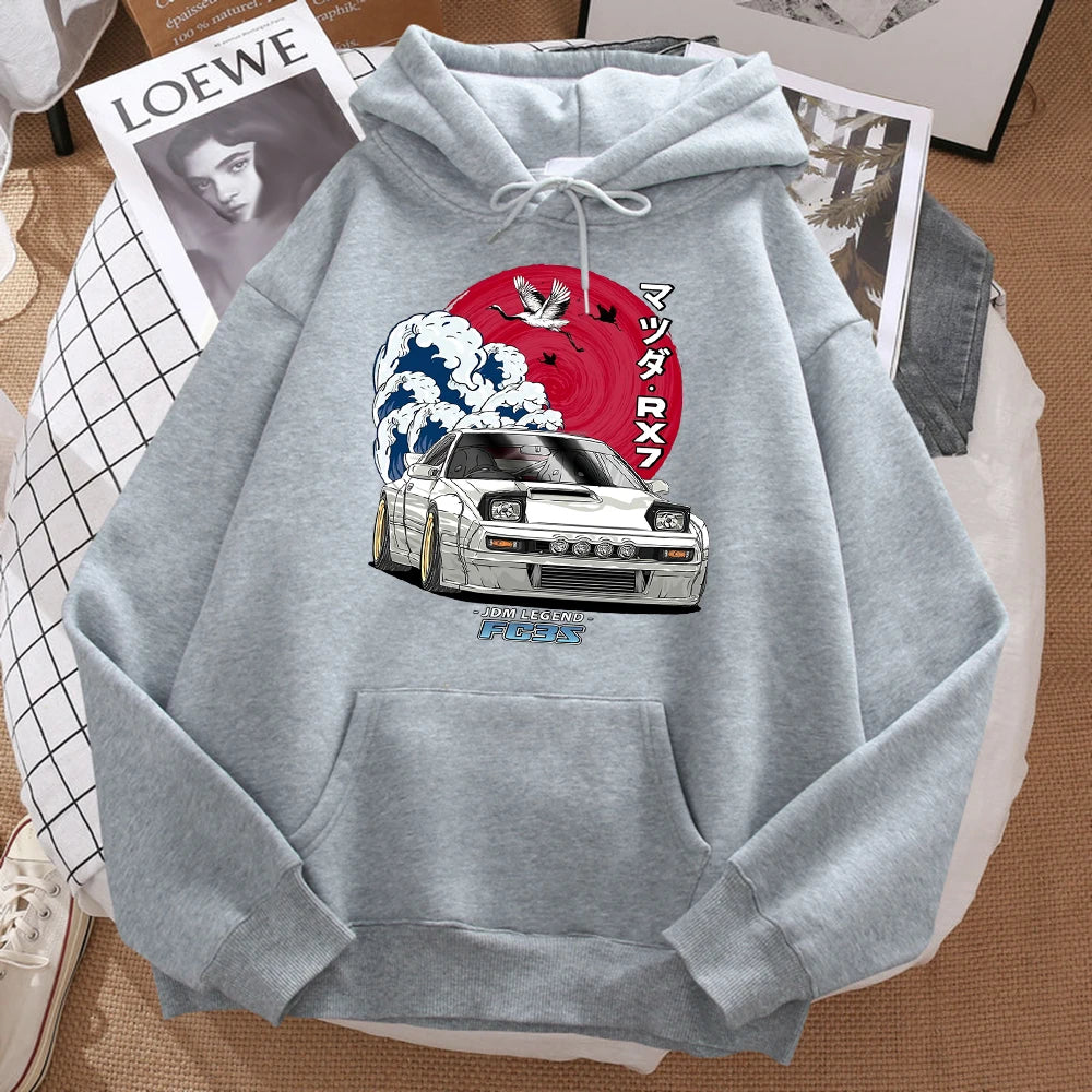 Japanese Wave Crane Hoodie With Red Sun Print
