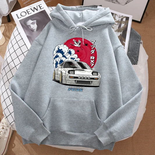 Japanese Wave Crane Hoodie With Red Sun Print
