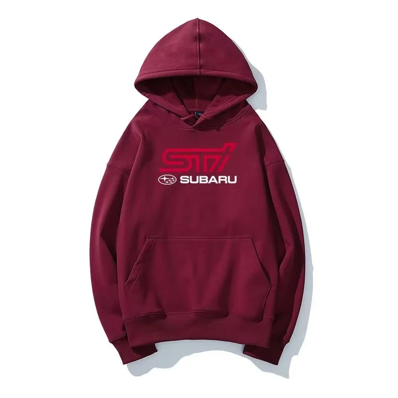 Burgundy Color Rally Car Fan Hooded Jacket With Zipper Closure