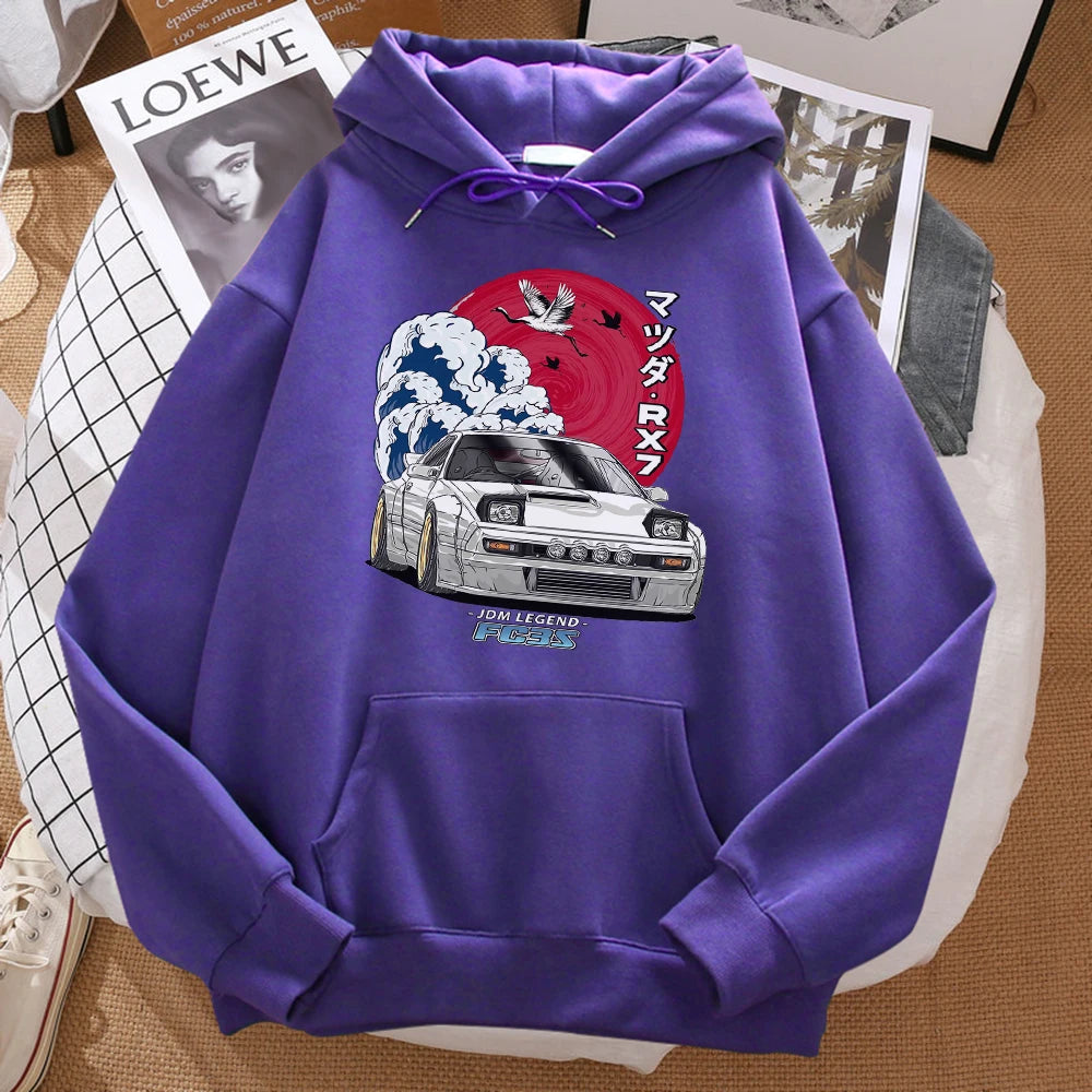 Purple Color Japanese Wave Crane Hoodie With Red Sun Print