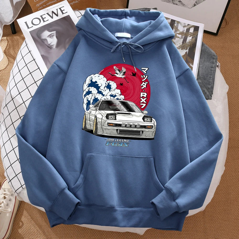 Haze Blue Color Japanese Wave Crane Hoodie With Red Sun Print