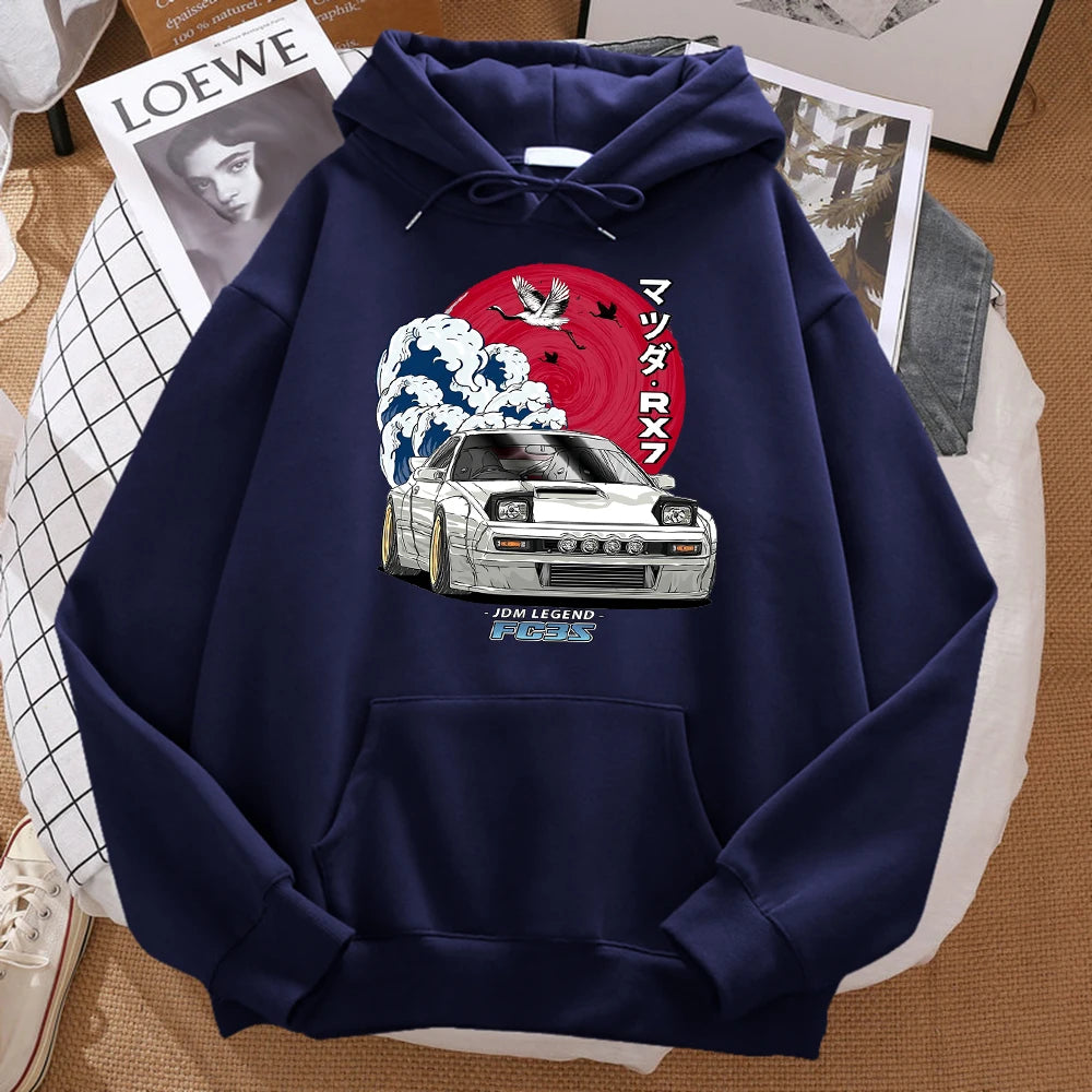 Japanese Wave Crane Hoodie With Red Sun Print