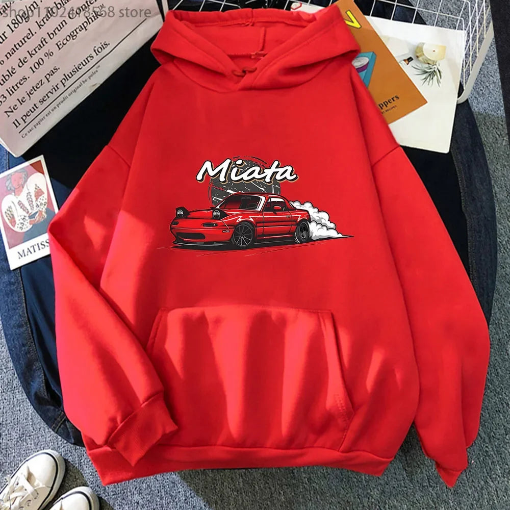 Red Color Initial D JDM Drift Hoodie With Anime Car Print