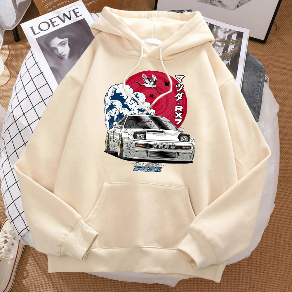 Japanese Wave Crane Hoodie With Red Sun Print