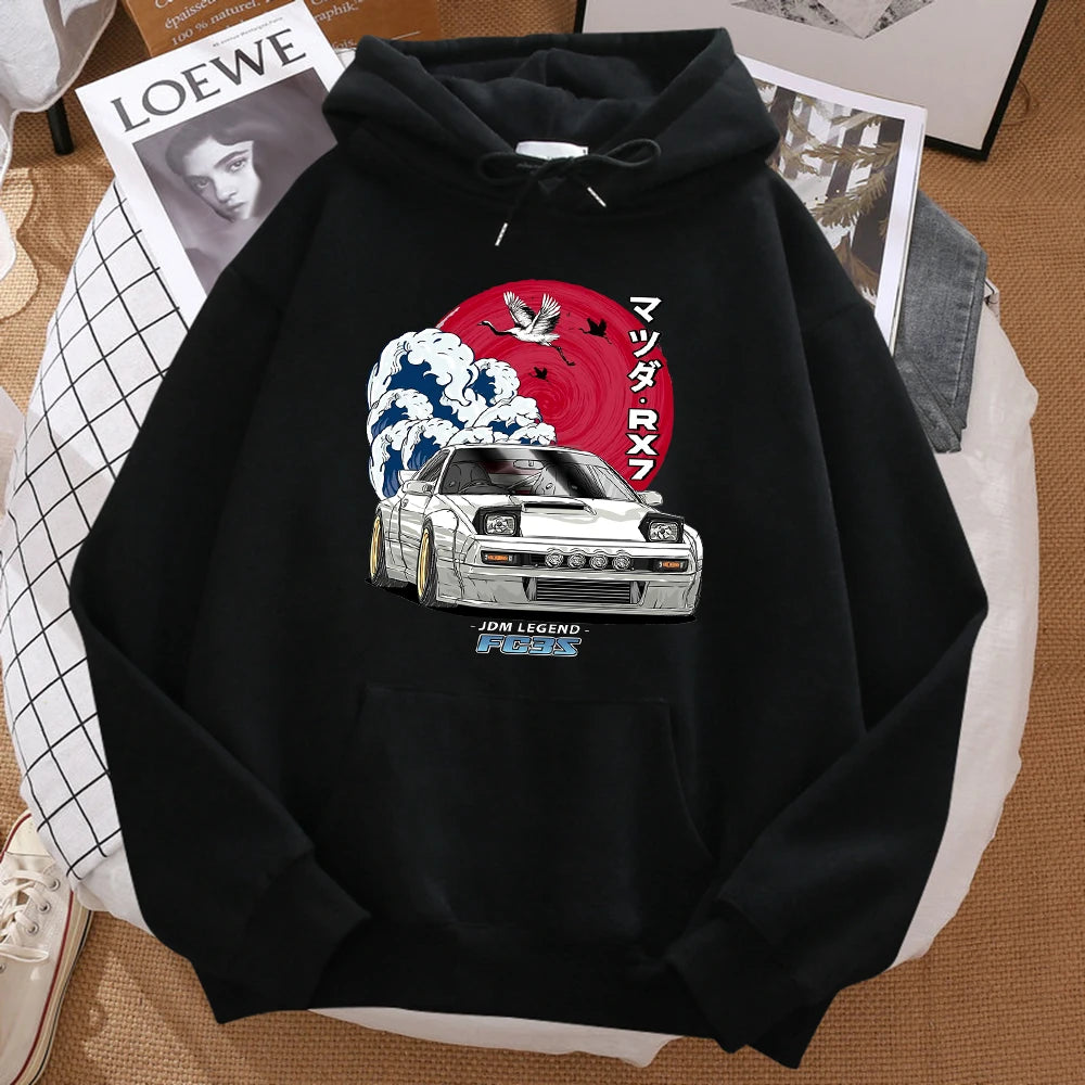 Black Color Japanese Wave Crane Hoodie With Red Sun Print